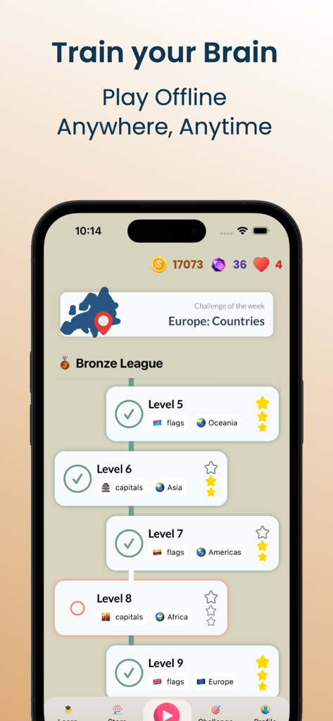 Flagsy - World Geography Quiz - Interface de l'application Flagsy montrant le chemin de progression de la Ligue de Bronze avec des niveaux de quiz de géographie pour les drapeaux et les capitales de différents continents.