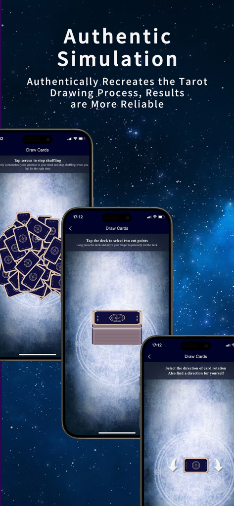 Pantallas móviles que muestran el auténtico proceso de barajado y extracción de cartas del tarot