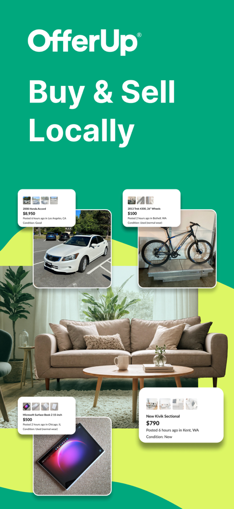 OfferUp app promotional graphic showcasing local listings for a car, bike, laptop, and sofa.