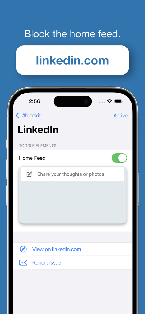#blockit: Block distractions - iPhone screenshot of the blockit app interface showing a toggle to block the LinkedIn home feed