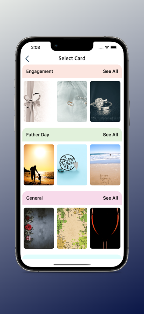 Quotes Maker Photo Editor App - A mobile app interface displaying various photo background categories like Engagement and Father Day for creating quotes.