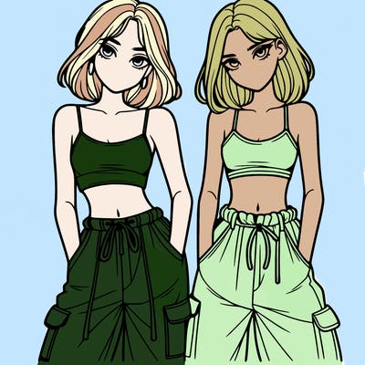 two girls with crop top with baggy pants