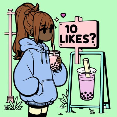 girl with oversized hoodie drinking boba and she has a high ponytail with a sign that says 10likes?