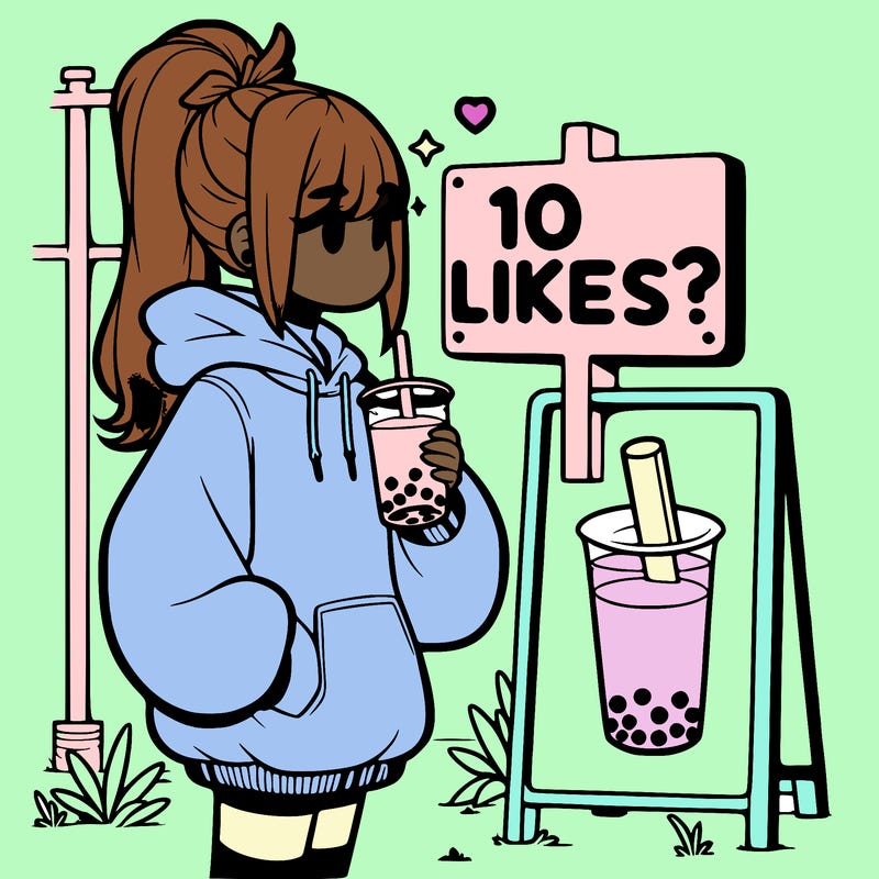 girl with oversized hoodie drinking boba and she has a high ponytail with a sign that says 10likes?