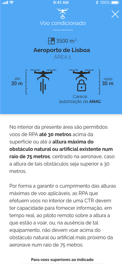 La pantalla de la aplicación Voa na Boa que muestra las restricciones de vuelo de drones y los límites de altitud para el aeropuerto de Lisboa.