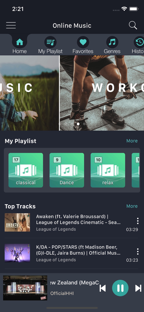 MusicOZ: Music player - Interfaz de la aplicación MusicOZ que muestra categorías de música en línea, listas de reproducción y pistas de moda