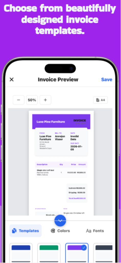 Uma interface móvel mostrando modelos de fatura personalizáveis com opções de cores e fontes no aplicativo InvoiceFlowie.