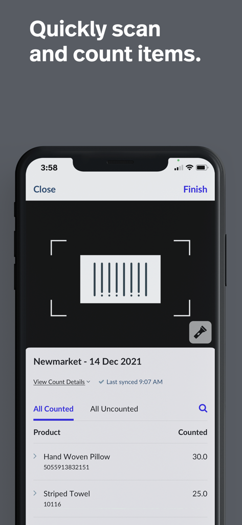 Mobile interface of the Lightspeed Scanner app featuring a barcode scanner and a list of counted retail items like pillows and towels