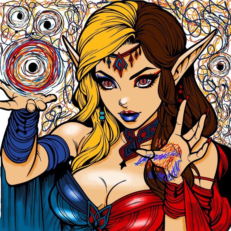 realistic scary beautiful elf sorceress casting spell