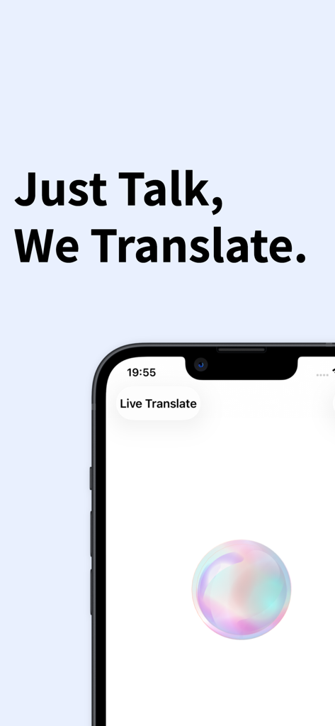 AI Voice Translator Hello app interface featuring live translation and a glowing AI orb