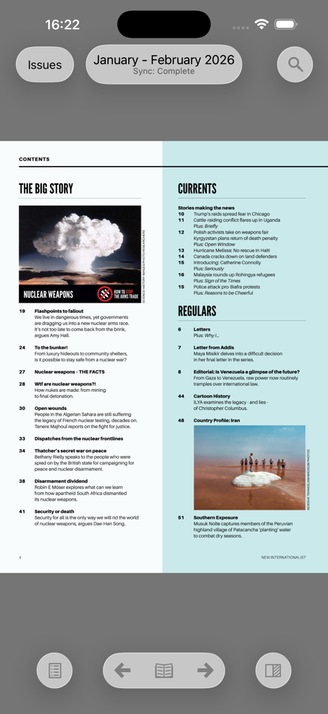 New Internationalist & Archive - Seite mit dem Inhaltsverzeichnis der digitalen Magazin-App New Internationalist.