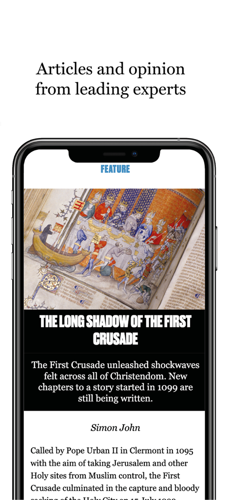 Smartphone showing a historical article about the First Crusade with medieval artwork and expert commentary