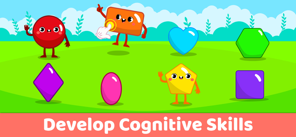 Piano Kids Music Learning Game - Formas coloridas de dibujos animados con caras en un juego educativo para que los niños desarrollen habilidades cognitivas