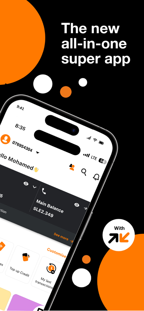 Orange Max it - Sierra Leone - Smartphone displaying the Orange Max it super app interface with account balance and top up options