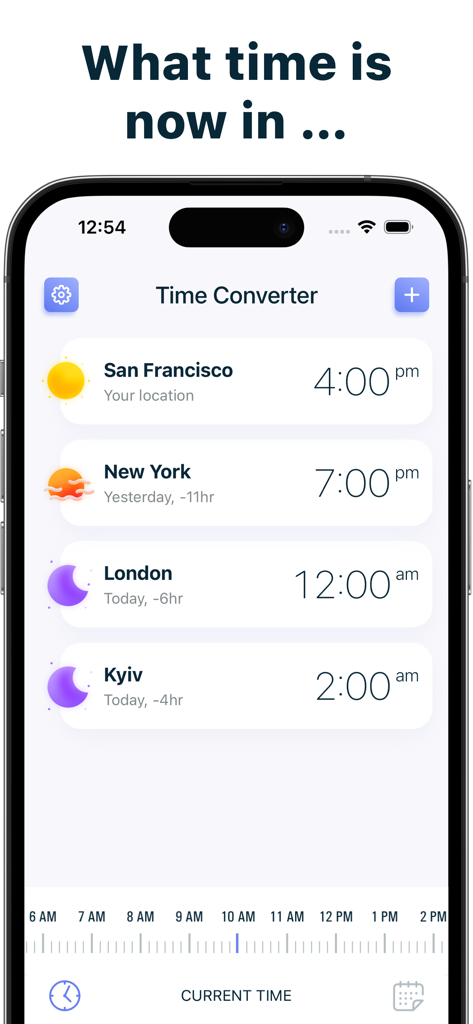 iPhone screenshot of The Time Zone Converter app showing current times for San Francisco New York London and Kyiv with a scrollable timeline
