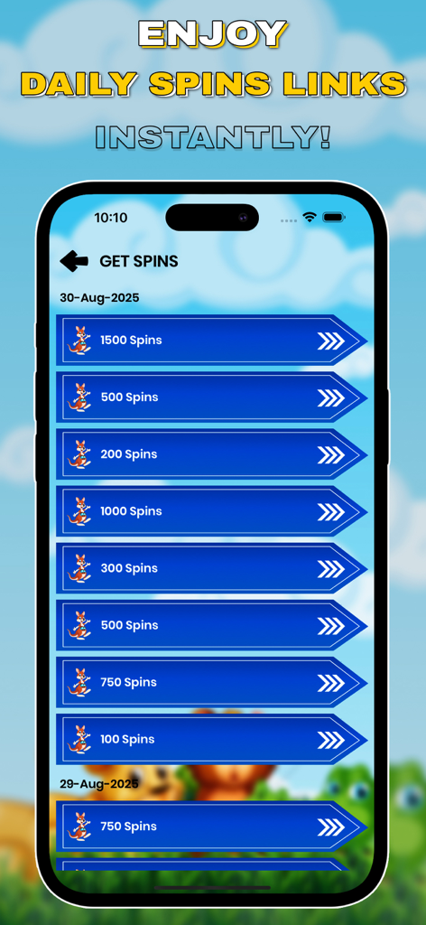 Spins and Coins Reward Links - Smartphone screen displaying a list of daily free spin reward links for Coin Master players