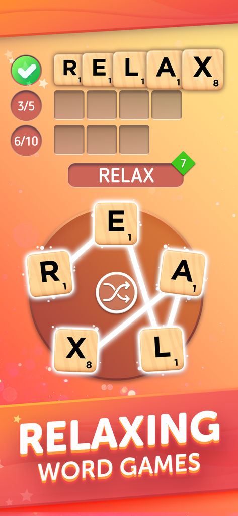 A screenshot of Scrabble GO gameplay showing a word connect puzzle with letter tiles forming the word RELAX.