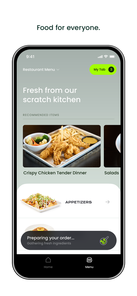 PopStroke - PopStroke mobile app restaurant menu featuring scratch kitchen food items and a live order status notification