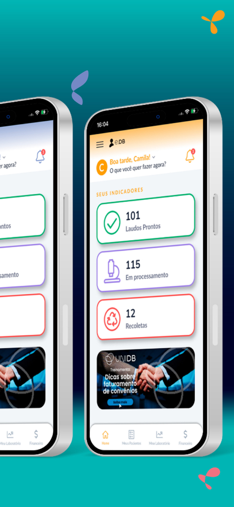 e-DB - Panel de control móvil de la aplicación e-DB que muestra indicadores de rendimiento del laboratorio, incluidos informes listos y estado de procesamiento