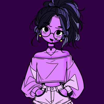 girl with a messy ponytail glasses a baggy crop top and jean shorts