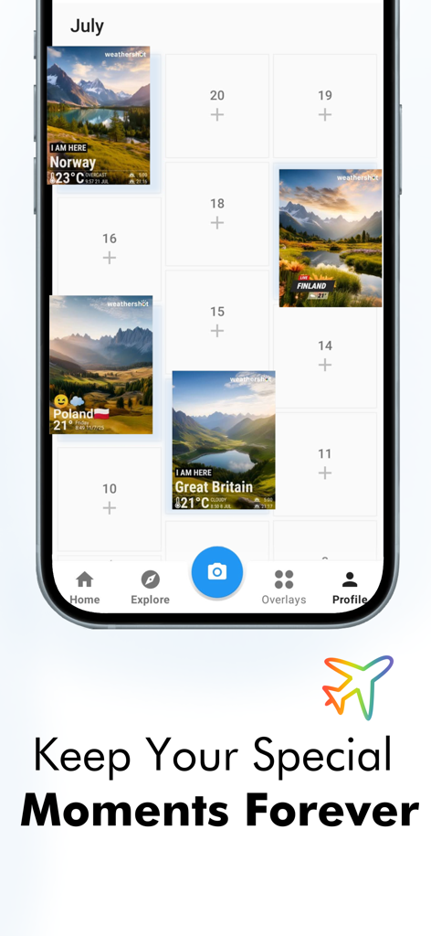 Weathershot - Instaweather - A smartphone screen showing the Weathershot app photo diary with weather overlays on pictures from different locations
