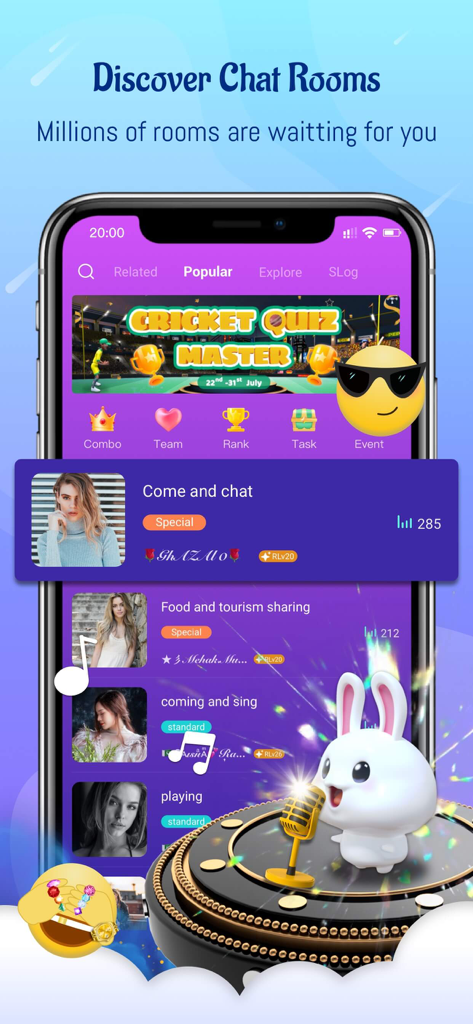 OyeTalk mobile app interface showing a list of live audio chat rooms for socializing and entertainment.
