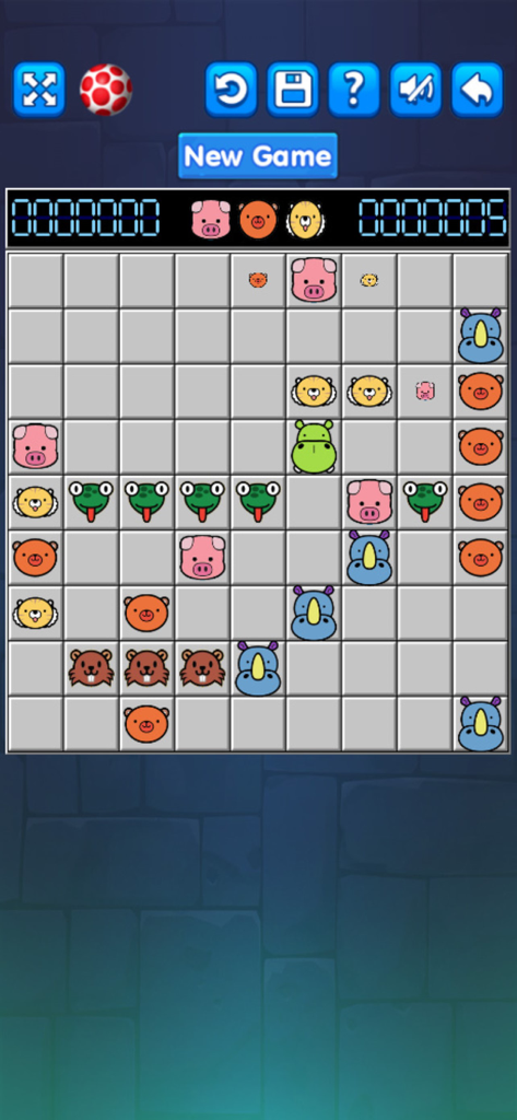 Line 98 - Lines 98 -Color Line - Gameplay screenshot of Line 98 puzzle game featuring colorful animal icons on a grid.