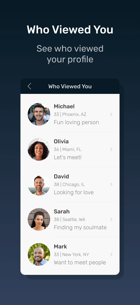 A list of user profiles under the Who Viewed You section of the Disabled Singles Dating app.