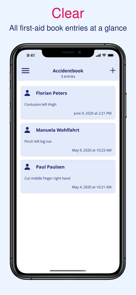 Accident book - Screenshot of the Accident book app showing a clear list of first aid entries including names and injury descriptions