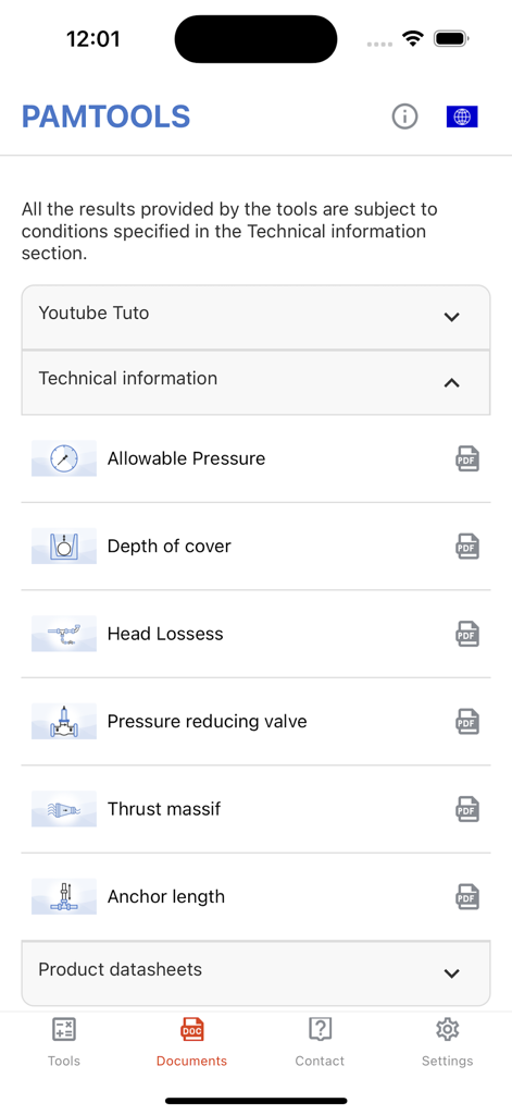 PAM tools - PAM tools app screen displaying technical information documents and pipeline calculation guides