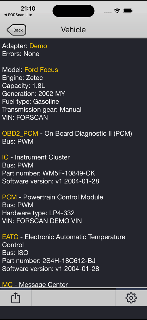 Captura de pantalla de FORScan Viewer mostrando datos de diagnóstico e información de módulos para un Ford Focus.