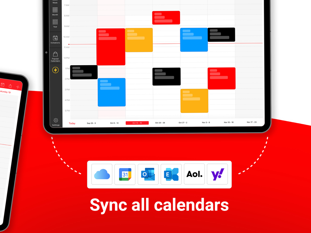 WeekCal für iPad-Oberfläche, die die Synchronisierung mit mehreren Kalenderdiensten wie Google, Outlook und iCloud zeigt