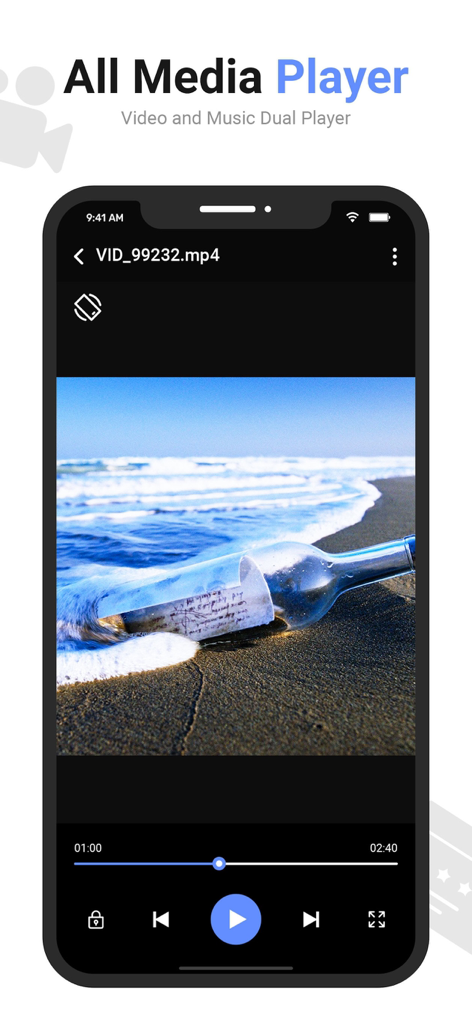 MX Video Player app interface playing a video of a message in a bottle on a smartphone
