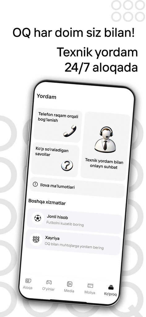 OQ - OQ App-Oberfläche mit Kundensupport-Optionen, 24/7 Online-Chat und Hilfeleistungen.