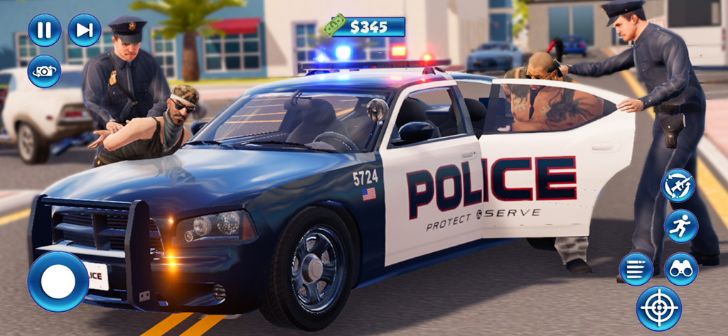 City Police Gangster Revenge - Police officers arresting suspects near a police cruiser in a city street