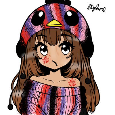 anime girl with chick shaped hat with sweater with bare shoulders with bangs covering them one eye with low tail