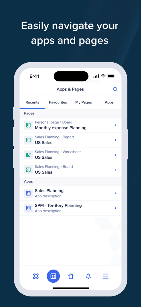 Anaplan - Pantalla de la aplicación móvil Anaplan que muestra el menú de navegación de Aplicaciones y Páginas con módulos de planificación empresarial como Planificación de Gastos Mensuales y Planificación de Ventas.