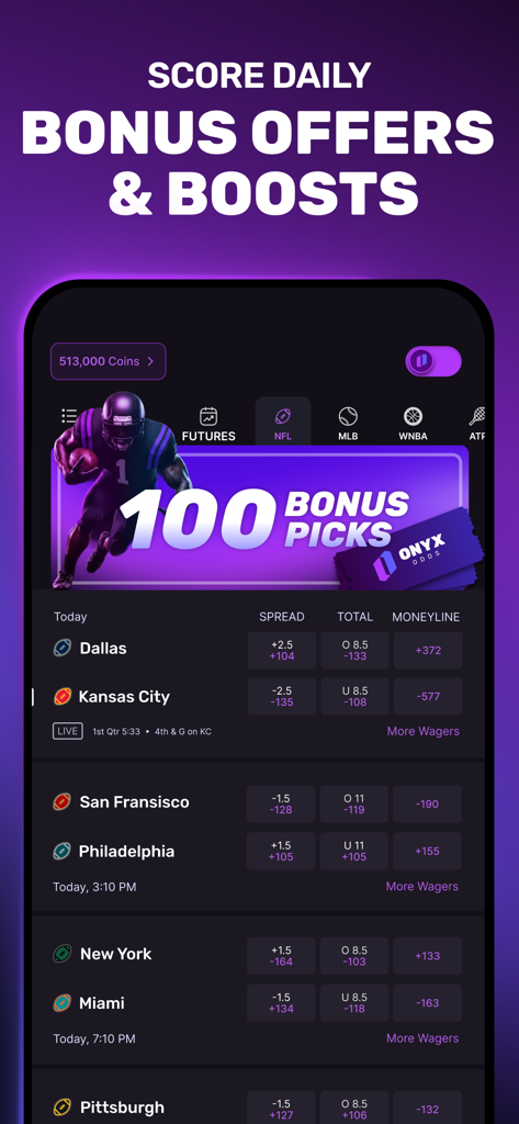 Onyx Odds - Onyx Oddsアプリ画面、100ボーナスピックオファーとダラス対カンザスシティのNFL試合予測ラインを表示