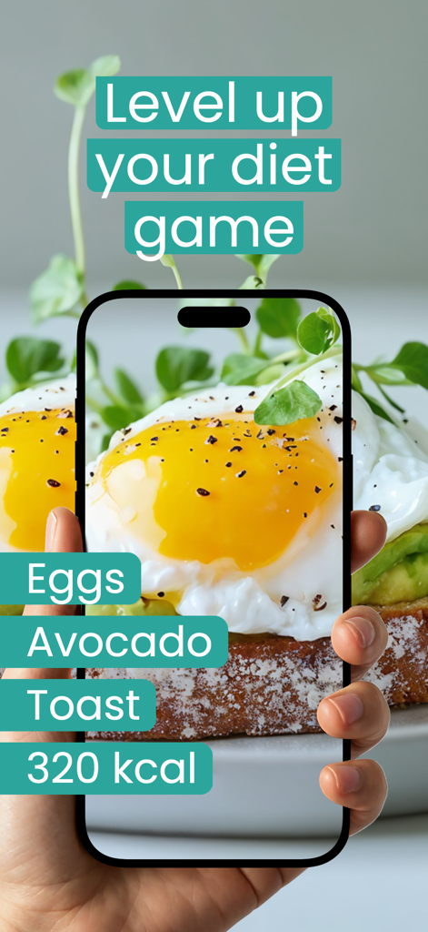 NutriPic: AI Calorie Counter - Fotocamera dello smartphone che utilizza l'AI di NutriPic per scansionare la colazione e mostrare il conteggio delle calorie.