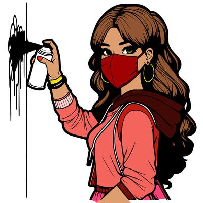 realistic girl with mask spray painting a wall