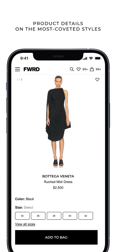 FWRD app product page for a Bottega Veneta ruched midi dress