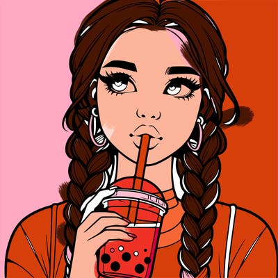 realistic girl with braided hair drinking boba