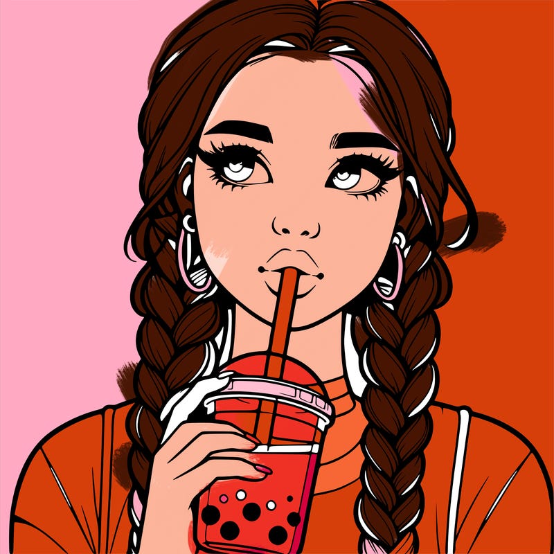realistic girl with braided hair drinking boba