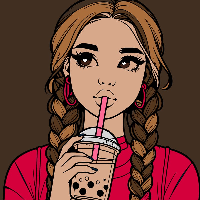 realistic girl with braided hair drinking boba