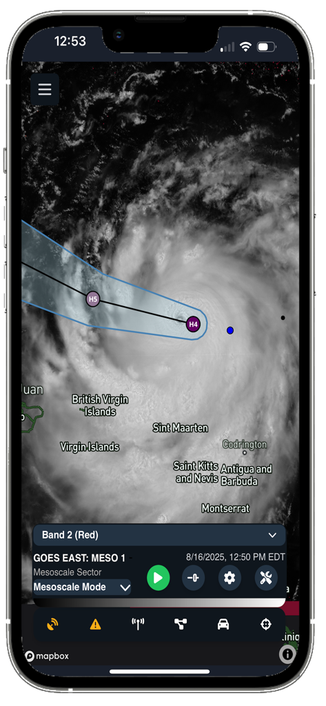 cycRad - High resolution mesoscale satellite imagery of a hurricane with a projected storm path on the cycRad app
