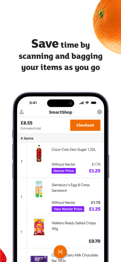 Sainsbury's SmartShop app screen with scanned groceries and estimated total price