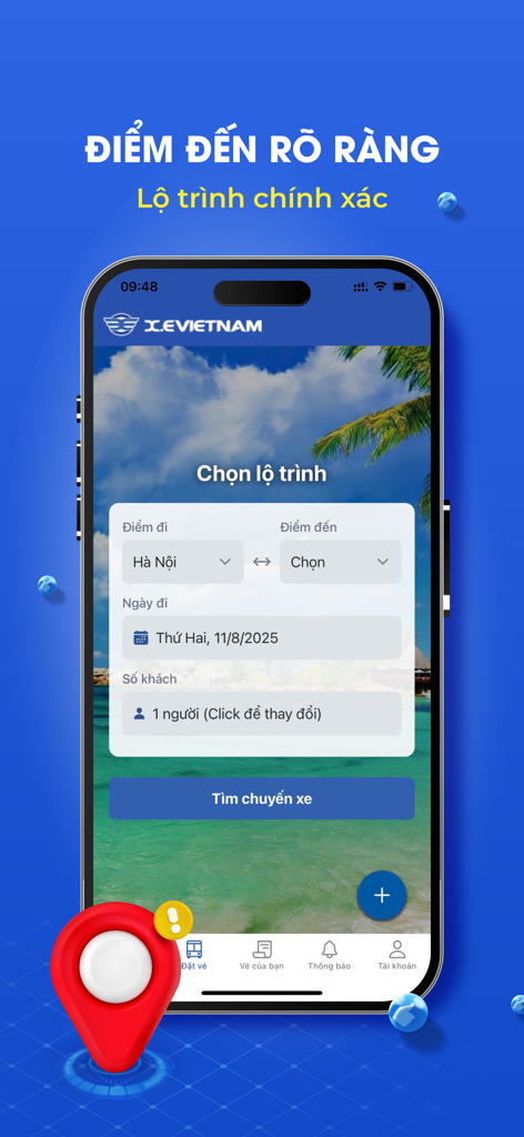 X.E Việt Nam - Đặt xe - X.E Vietnam mobile app screen showing the booking route selection interface for travel in Vietnam