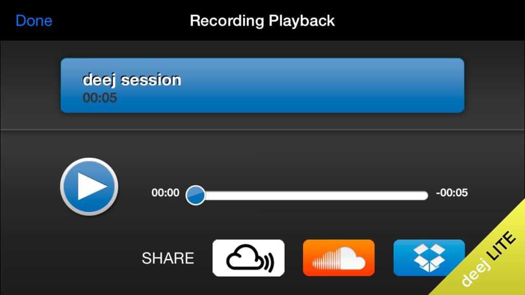 deej Lite - DJ turntable. Mix, record & share your music - Deej Lite app recording playback screen with sharing options to SoundCloud Mixcloud and Dropbox