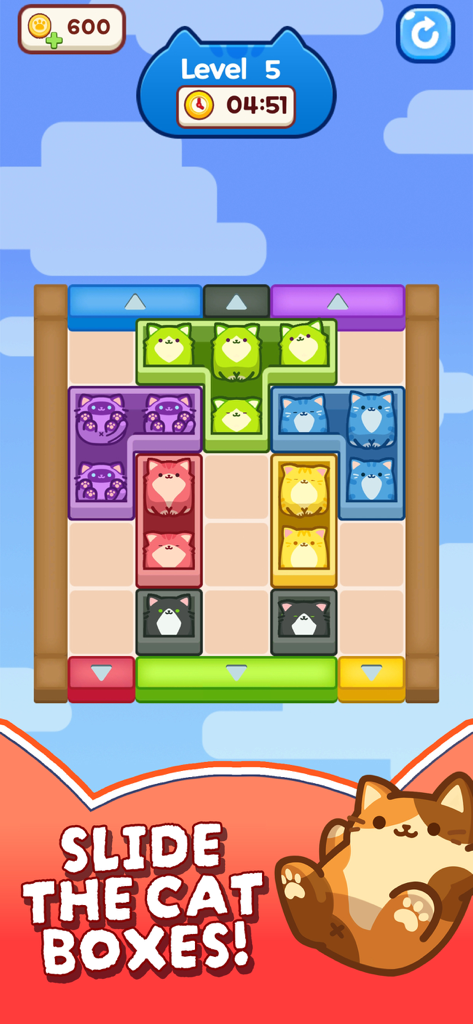 Cat Escape! - Nivel del juego Cat Escape con coloridos bloques deslizantes en forma de gato en una cuadrícula