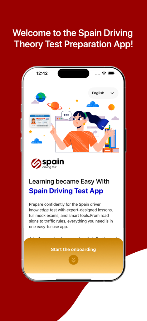 Welcome screen of the Spain Driving Theory Test app with English language support